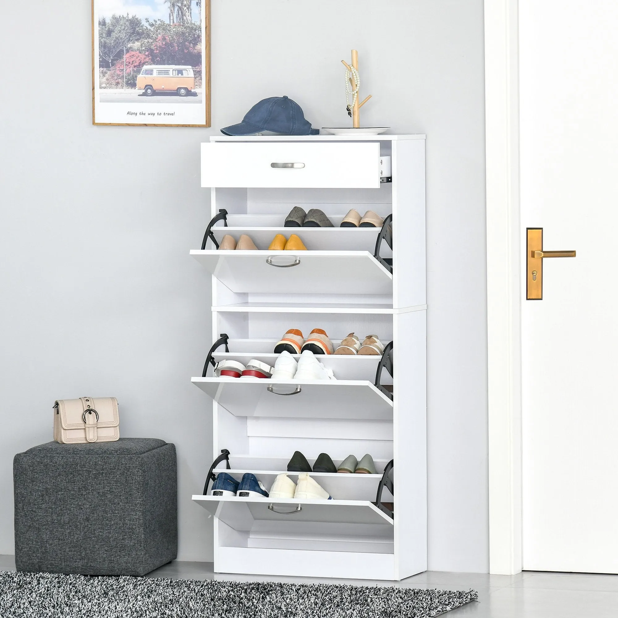 Shoe Cabinet with 4 Drawers Storage Cupboard with Flip Doors Pull Down Furniture Unit with Adjustable Shelves for 18 Pairs White Organizer