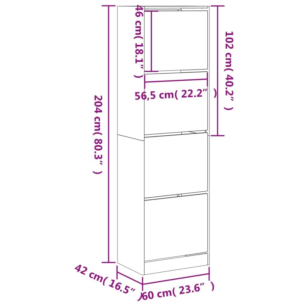 Shoe Cabinet with 4 Flip-Drawers Concrete Grey 60x42x204 cm