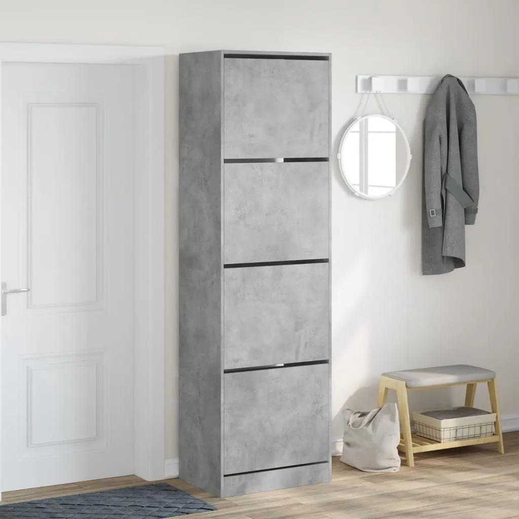 Shoe Cabinet with 4 Flip-Drawers Concrete Grey 60x42x204 cm