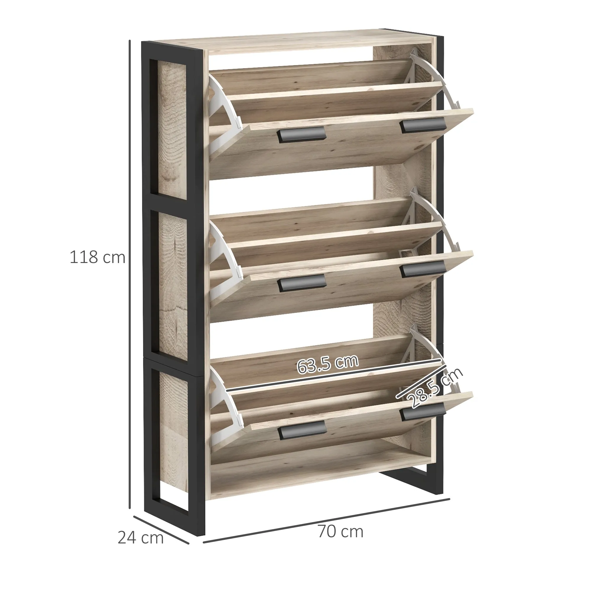 Shoe Storage Cabinet with 3 Flip Drawers Adjustable Shelf 18 Pairs Narrow Shoe Cupboard for Entryway Natural Wood-effect