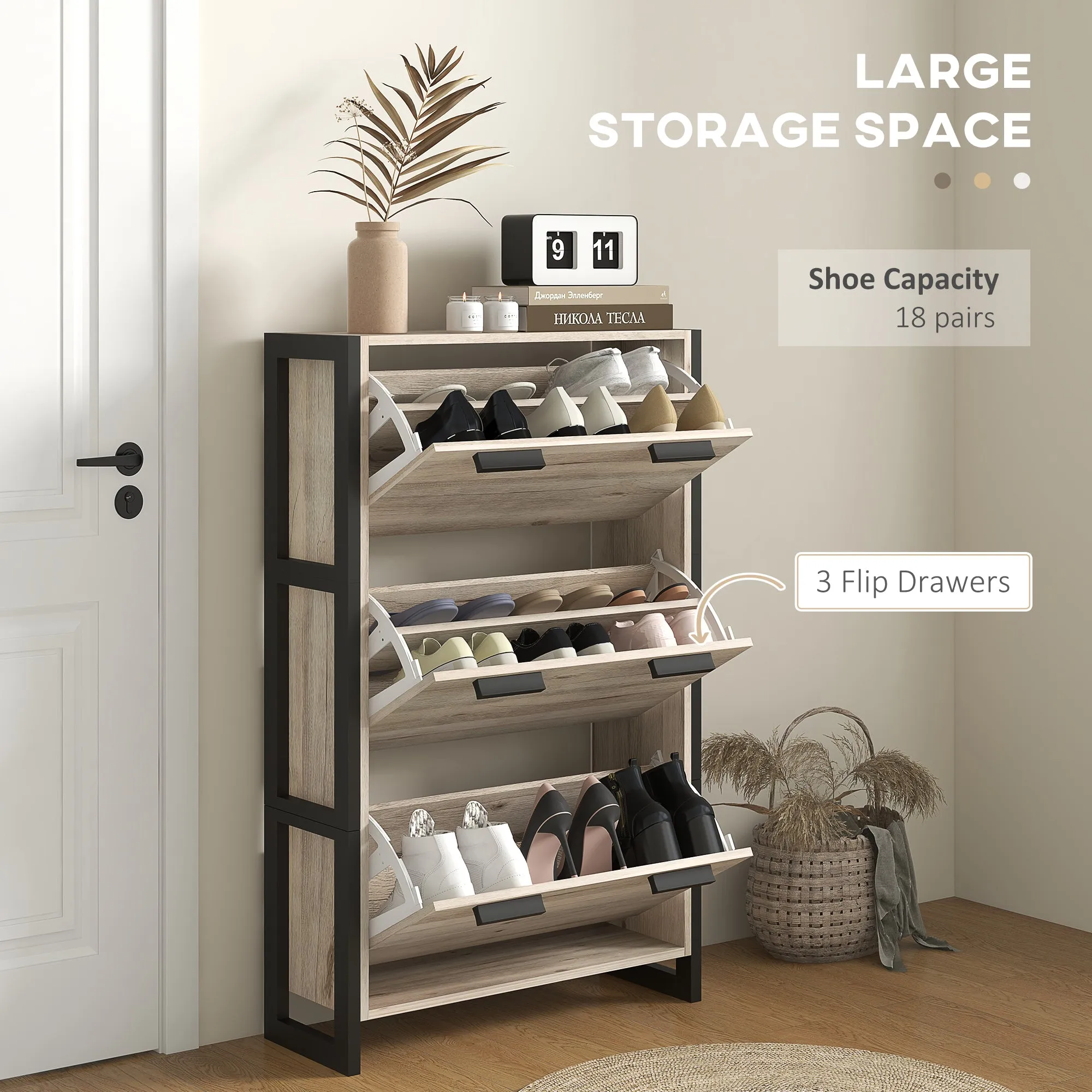 Shoe Storage Cabinet with 3 Flip Drawers Adjustable Shelf 18 Pairs Narrow Shoe Cupboard for Entryway Natural Wood-effect