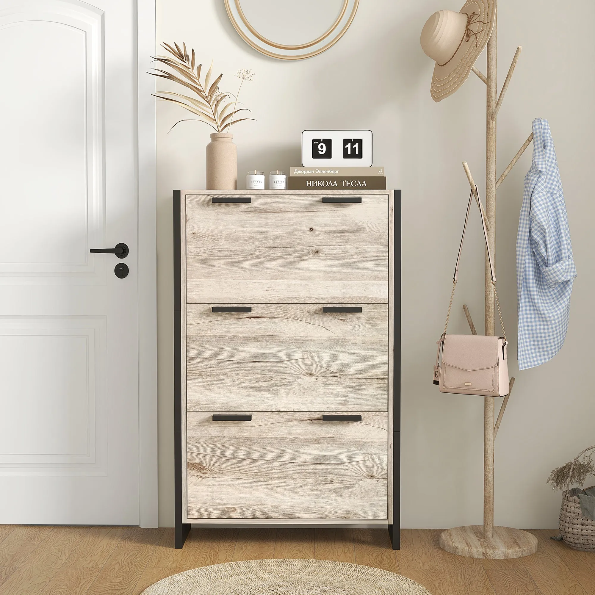 Shoe Storage Cabinet with 3 Flip Drawers Adjustable Shelf 18 Pairs Narrow Shoe Cupboard for Entryway Natural Wood-effect