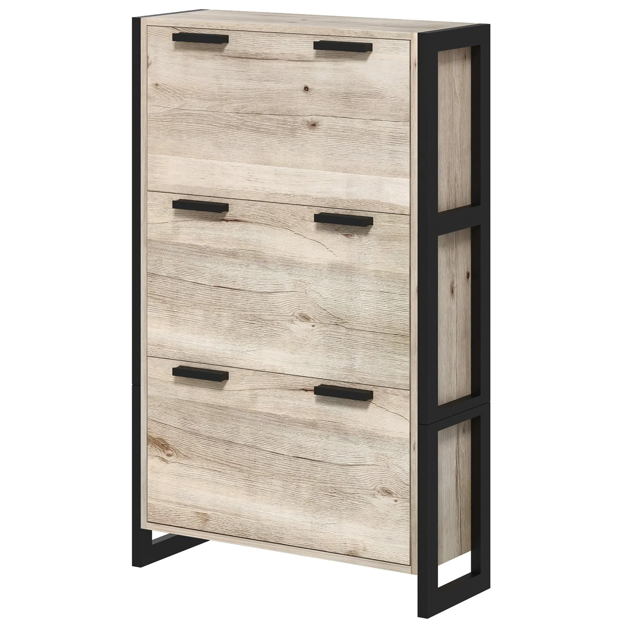 Shoe Storage Cabinet with 3 Flip Drawers Adjustable Shelf 18 Pairs Narrow Shoe Cupboard for Entryway Natural Wood-effect