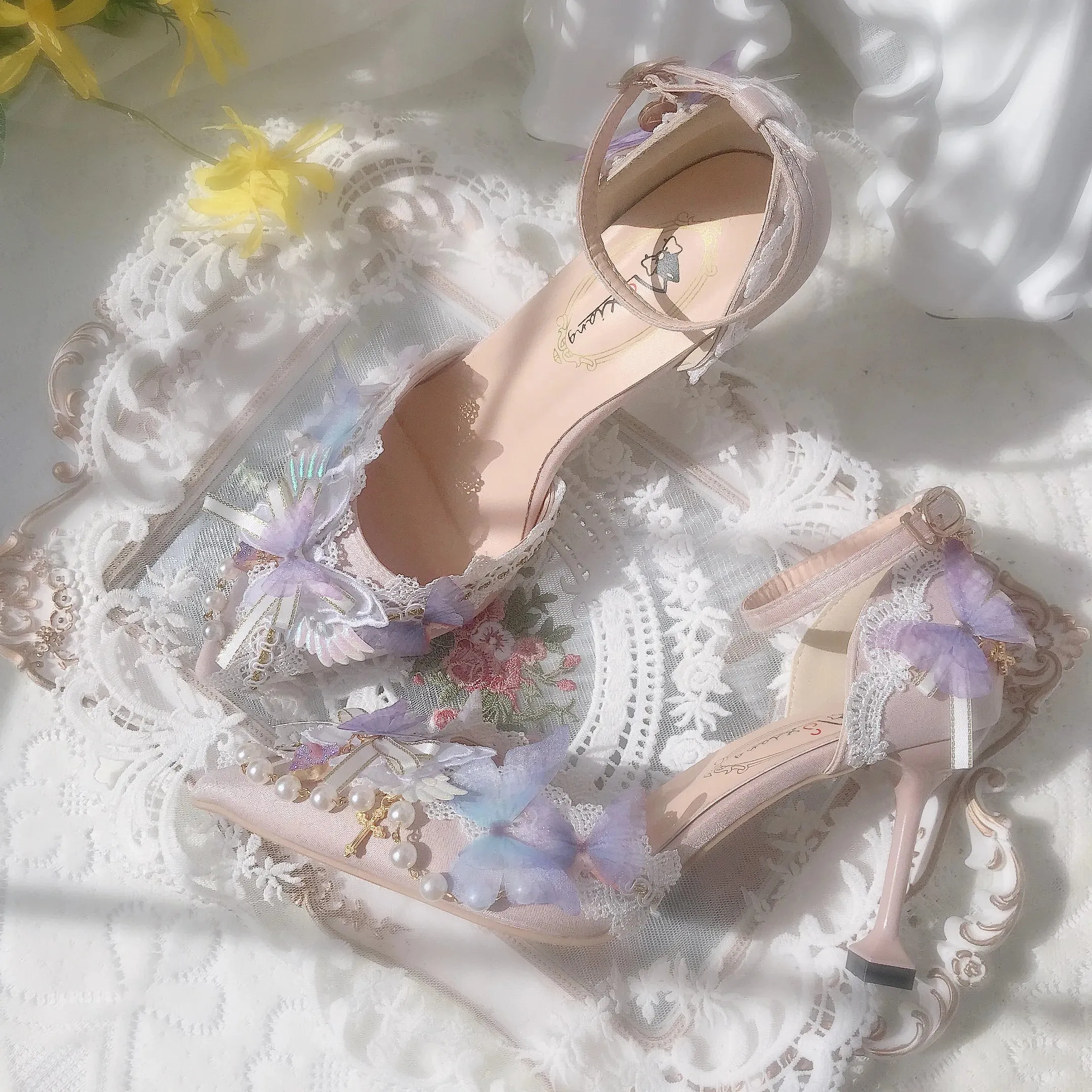 Sohiwoo Sweet Flower Wedding Butterfly High Heels 5cm/8cm Lolita Woman Shoes Pearl Decoration Beautiful Girls Kawaii Fairy Wedding Shoes