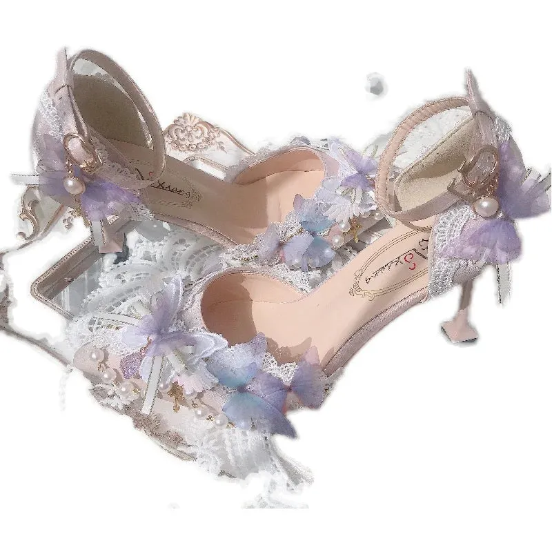 Sohiwoo Sweet Flower Wedding Butterfly High Heels 5cm/8cm Lolita Woman Shoes Pearl Decoration Beautiful Girls Kawaii Fairy Wedding Shoes