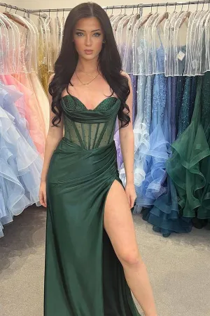 Strapless Beaded Mermaid Hunter Green Prom Dress with Slit PSK590