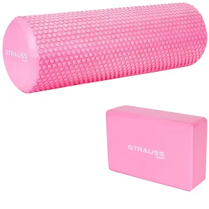 Strauss Foam Roller (Pink), 30 cm and Yoga Block (Pink)