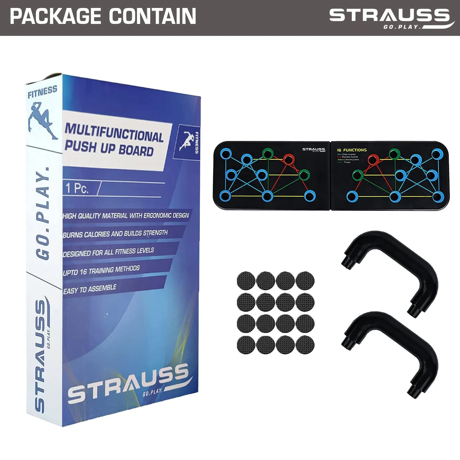 Strauss Multifunctional Portable Push Up Board |16 in 1 Body Building Exercise Tools | Durable & Foldable | Push Up Board for Men-Women