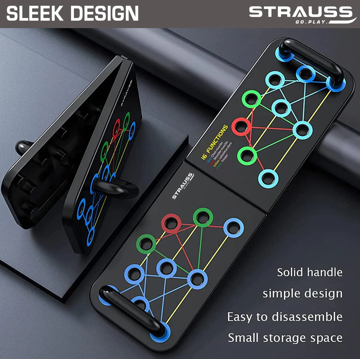 Strauss Multifunctional Portable Push Up Board |16 in 1 Body Building Exercise Tools | Durable & Foldable | Push Up Board for Men-Women