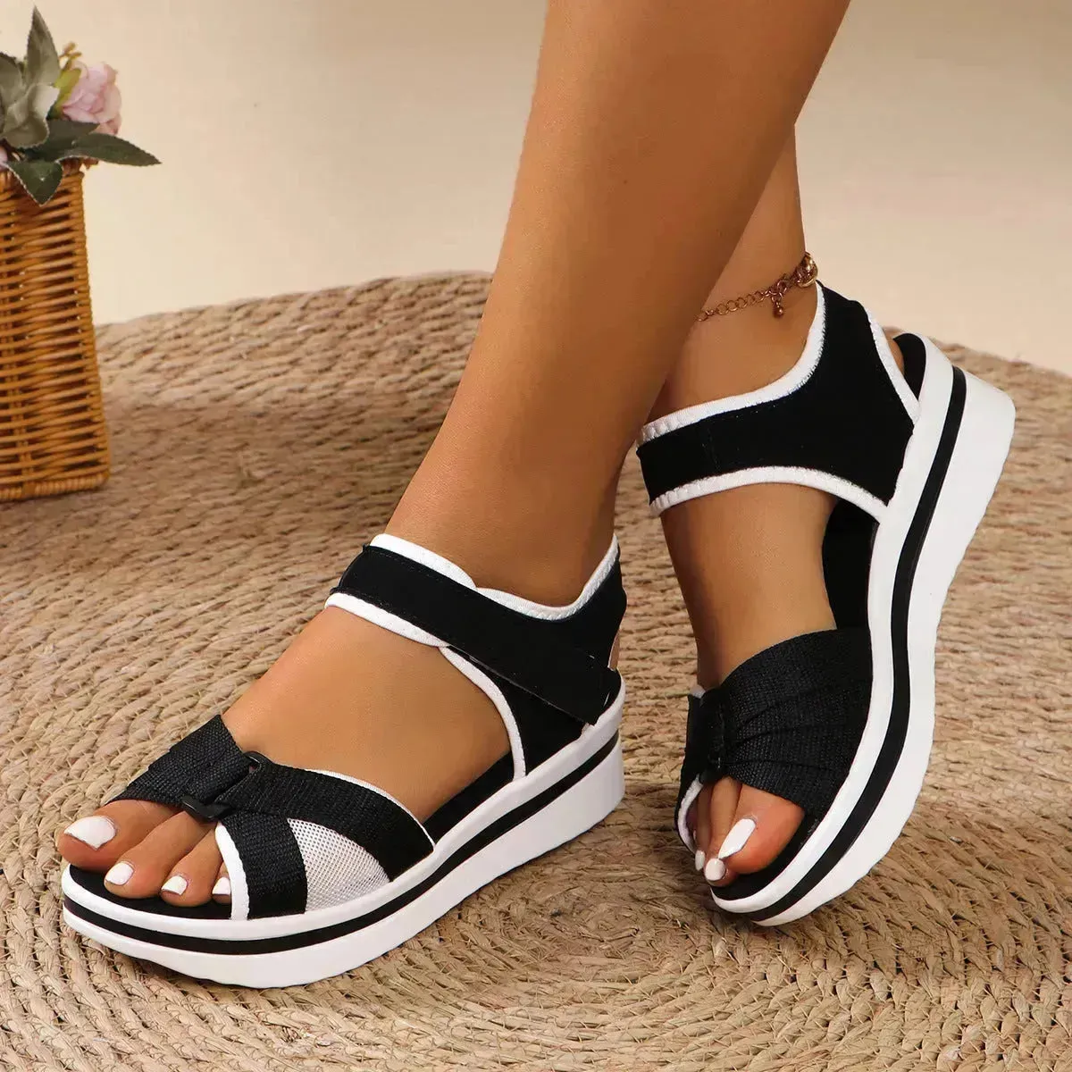 Summer Mesh Chunky Cross-strap Platform Sandals With Velcro-design Thick Sole Flats Beach Shoes Women