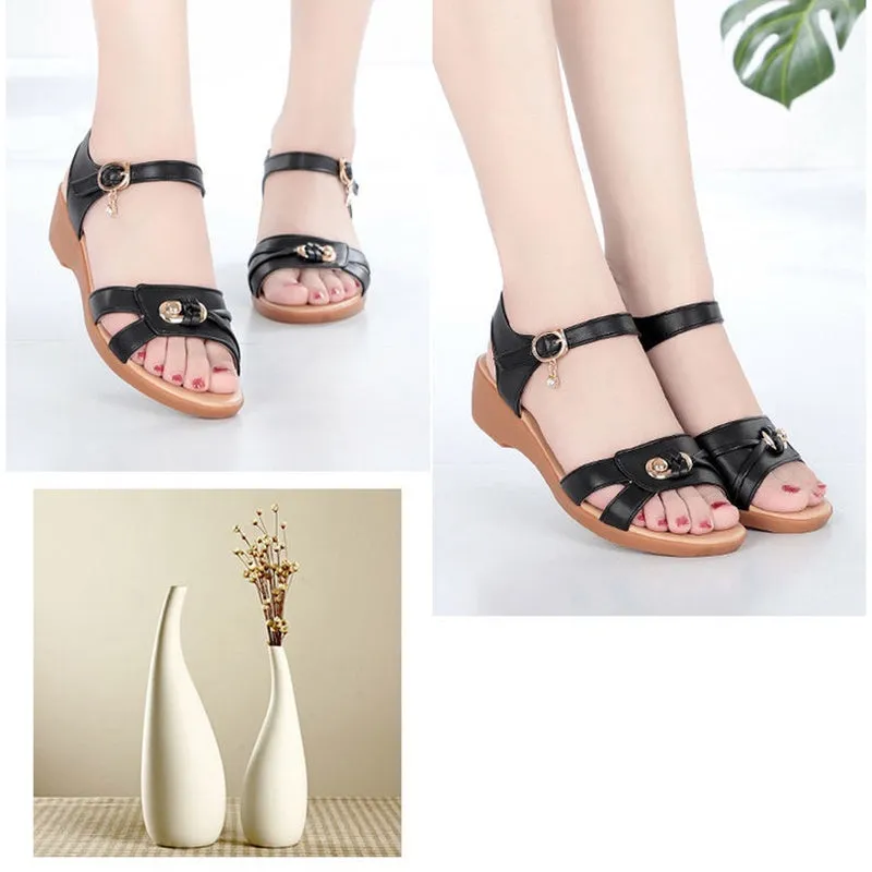 Summer Women Leather Wedge Heel Peep Toe Soft Soled Sandals