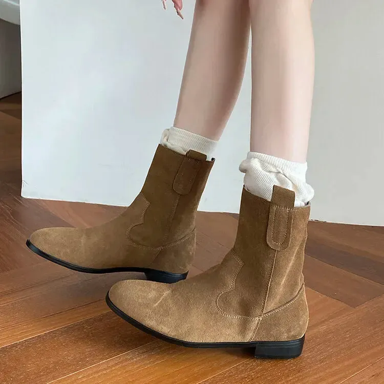 TAVIMART  -  New Autumn Cow Suede Women Boots Round Toe Chunky Heel Short Boots for Women Winter Low Heel Western Boots Zapatos De Mujer