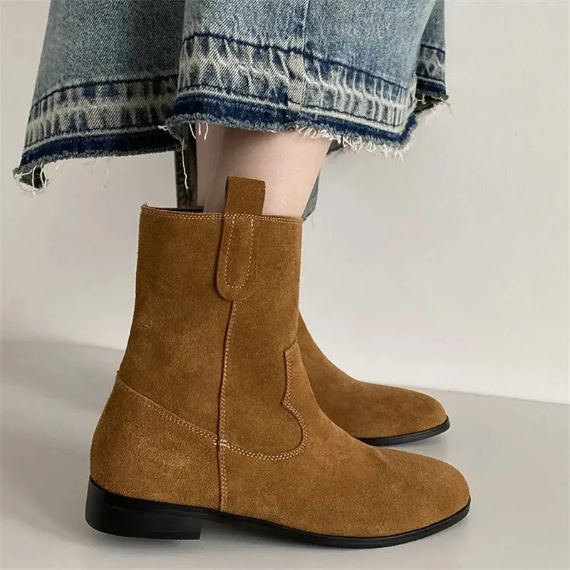 TAVIMART  -  New Autumn Cow Suede Women Boots Round Toe Chunky Heel Short Boots for Women Winter Low Heel Western Boots Zapatos De Mujer