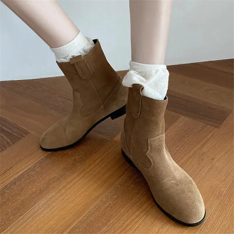 TAVIMART  -  New Autumn Cow Suede Women Boots Round Toe Chunky Heel Short Boots for Women Winter Low Heel Western Boots Zapatos De Mujer