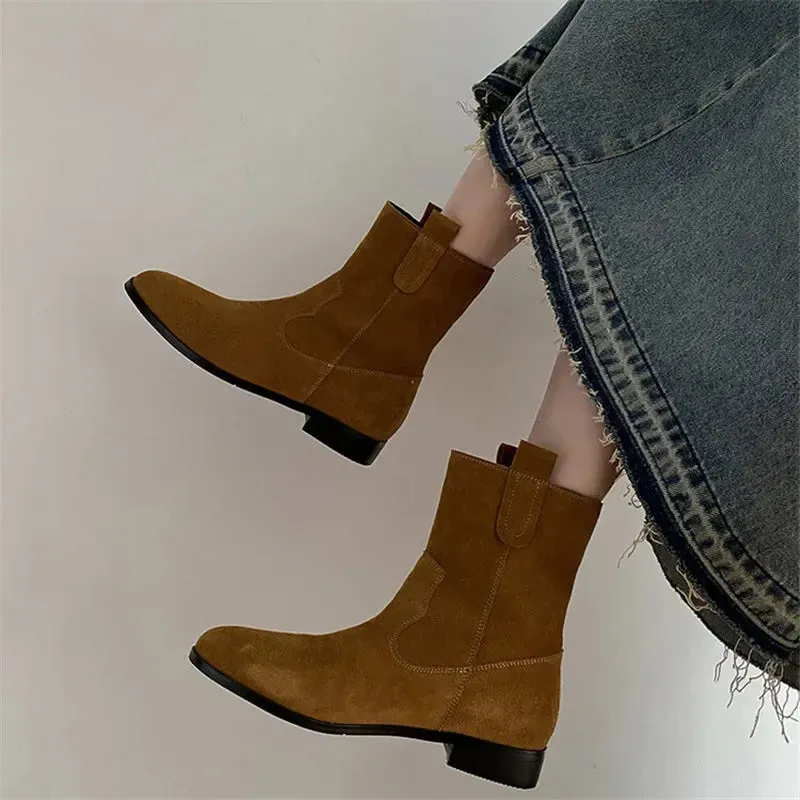 TAVIMART  -  New Autumn Cow Suede Women Boots Round Toe Chunky Heel Short Boots for Women Winter Low Heel Western Boots Zapatos De Mujer