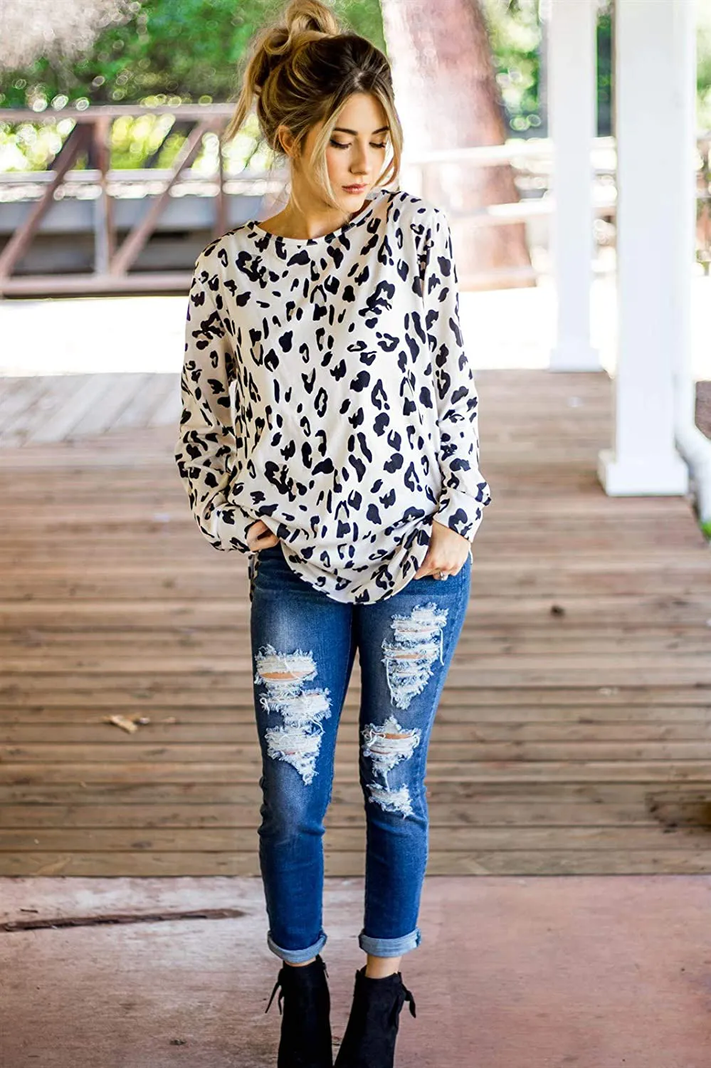 Tickled Teal Women's Long Sleeve Leopard Knit Casual Loose Sweater Outerwear