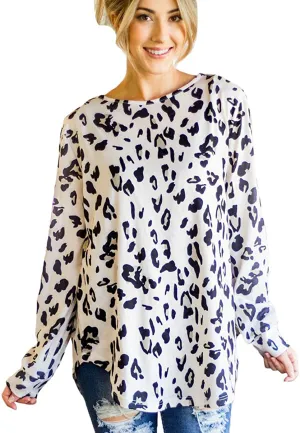 Tickled Teal Women's Long Sleeve Leopard Knit Casual Loose Sweater Outerwear