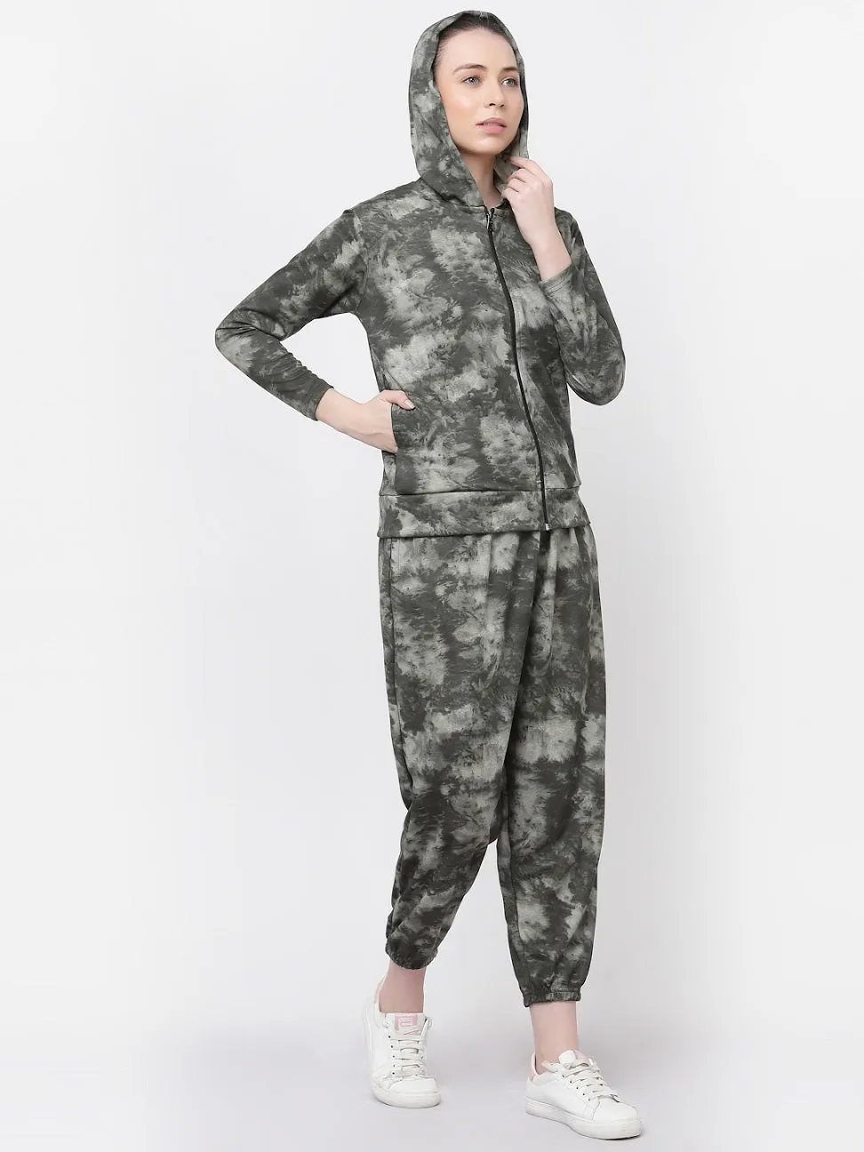 UZARUS Women Printed Hooded Zipper Full Sleeves Track Suit Co-ord Set