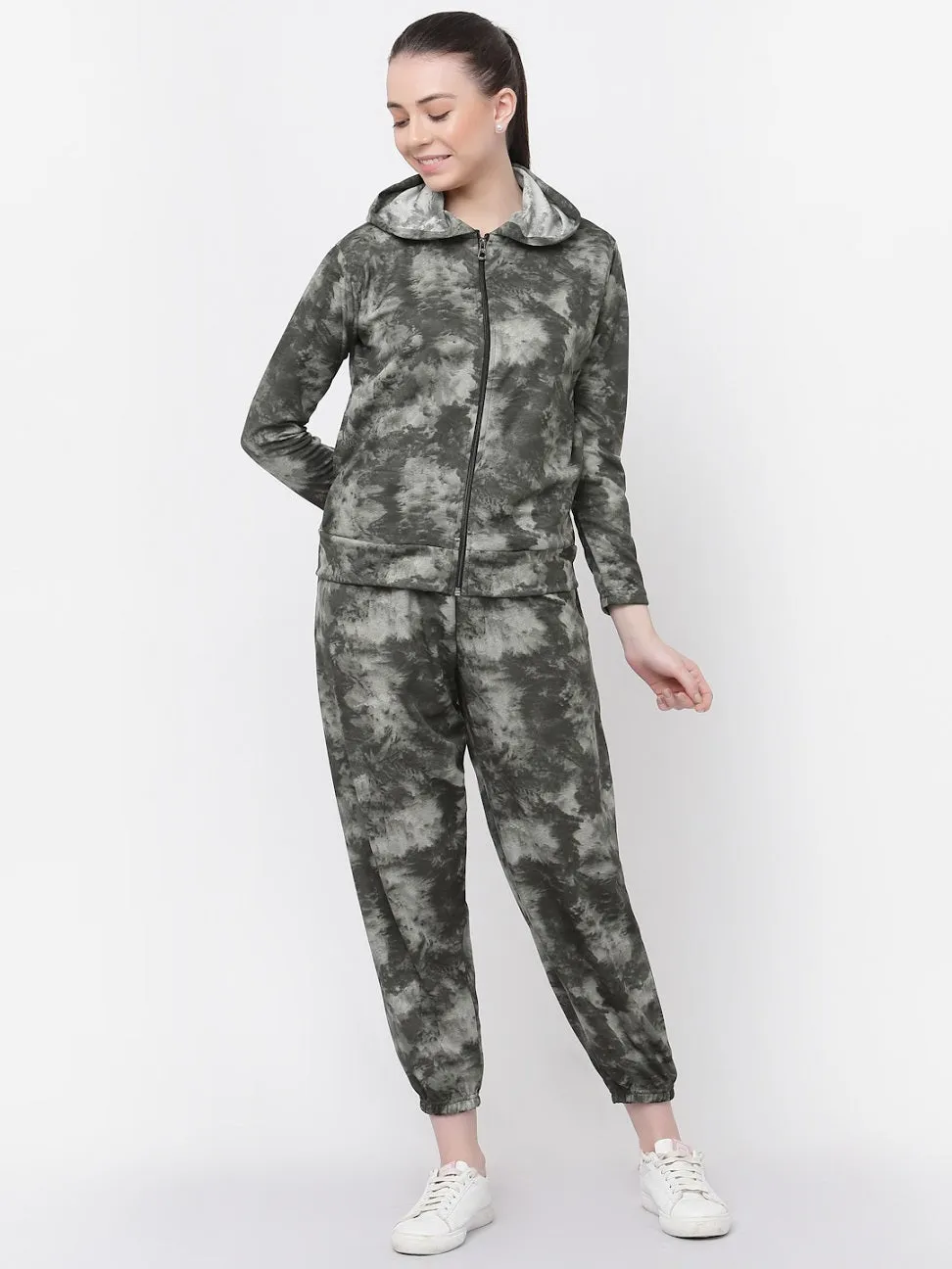 UZARUS Women Printed Hooded Zipper Full Sleeves Track Suit Co-ord Set