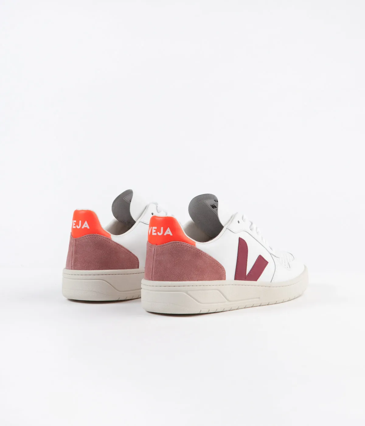 Veja V-10 Leather Shoes - Extra White / Marsala / Dried Petal / Orange Fluoro