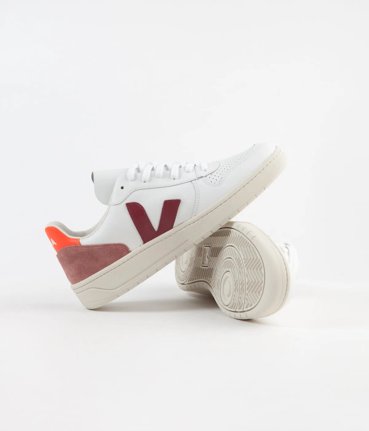 Veja V-10 Leather Shoes - Extra White / Marsala / Dried Petal / Orange Fluoro