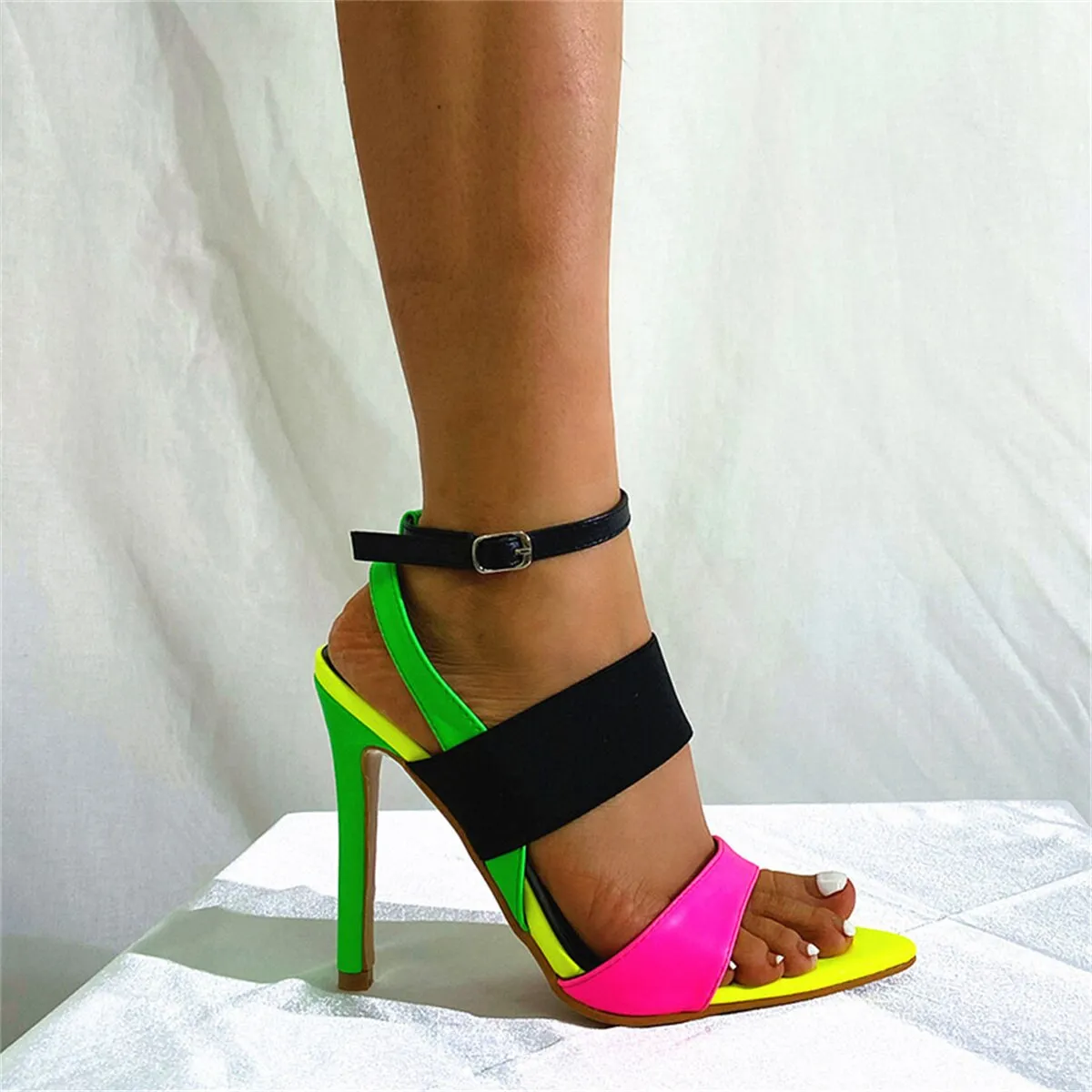 Women Sexy Pointed Toe High Heels Mixed Color Buckle Strap