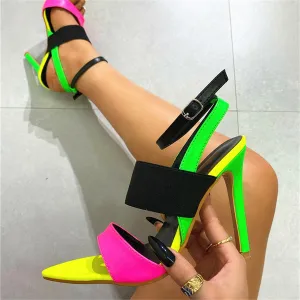 Women Sexy Pointed Toe High Heels Mixed Color Buckle Strap