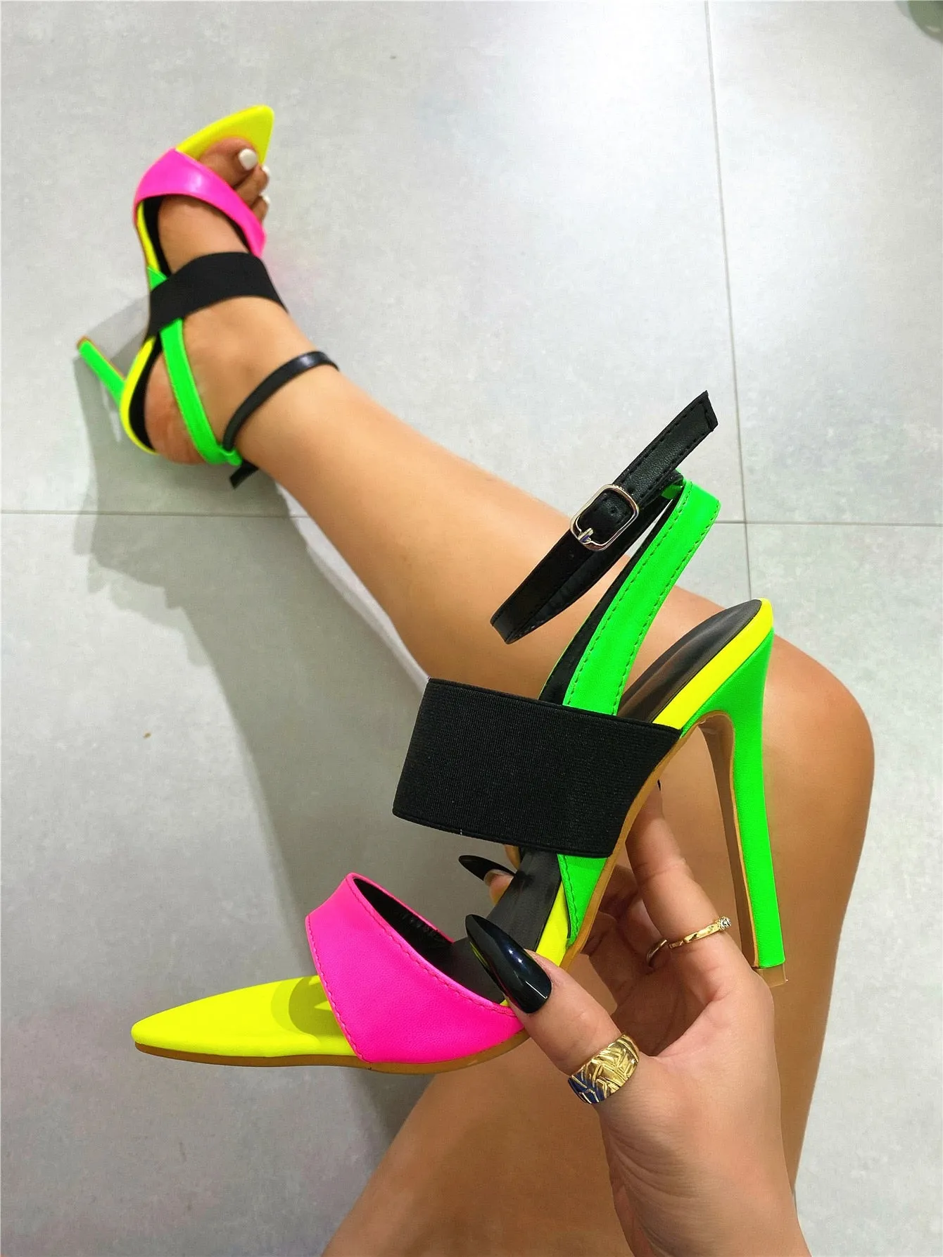 Women Sexy Pointed Toe High Heels Mixed Color Buckle Strap