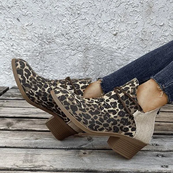 Women's Pointed Toe Square Heel Leopard Print Ankle Boots 77834388C