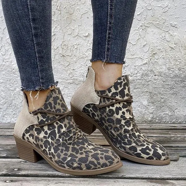 Women's Pointed Toe Square Heel Leopard Print Ankle Boots 77834388C