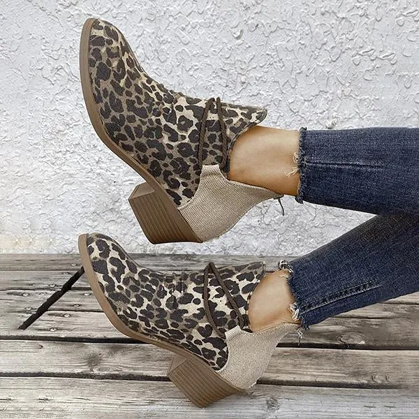 Women's Pointed Toe Square Heel Leopard Print Ankle Boots 77834388C