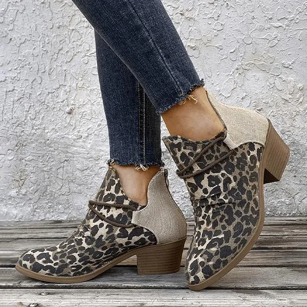 Women's Pointed Toe Square Heel Leopard Print Ankle Boots 77834388C